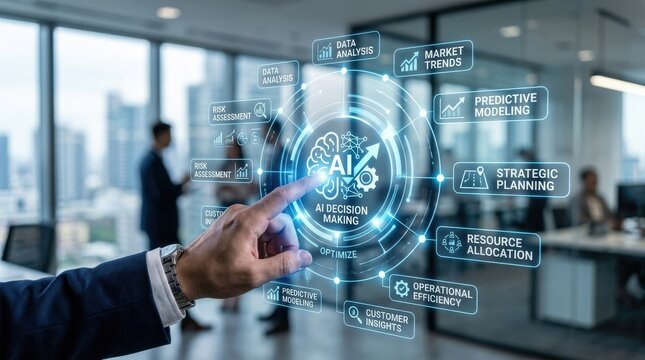 AI Decision Making: Businessman hand interacting with an AI decision making symbol surrounded by intelligent data options 