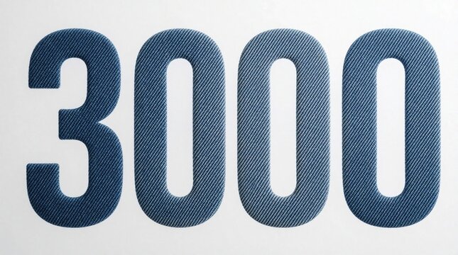 Large number 3000 formed with denim fabric texture. Clean white background emphasizes bold blue digits, suggesting fashion, sales, or quantity.
