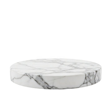 A minimalist circular white marble display pedestal isolated against a plain white background perfect for showcasing luxury products or jewelry items elegantly