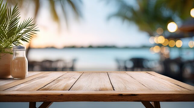 beach bar background with a table in the foreground with lots of copy space, perfect for editing with your product, evening colour 