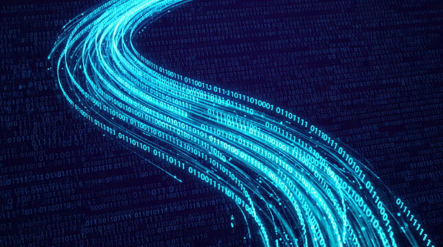 Swirling blue digital light trails against a dark background of binary code, representing data flow and technological advancement, perfect for technology concepts.