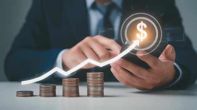 Businessman's hand tracking financial growth on smartphone with stacked coins and glowing dollar symbol