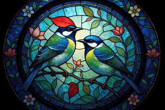 Stained glass illustration with two colorful birds on tree branches. Circular mosaic art shows blue, green birds with red leaf accents. Ornate floral pattern, mandala style design features bright