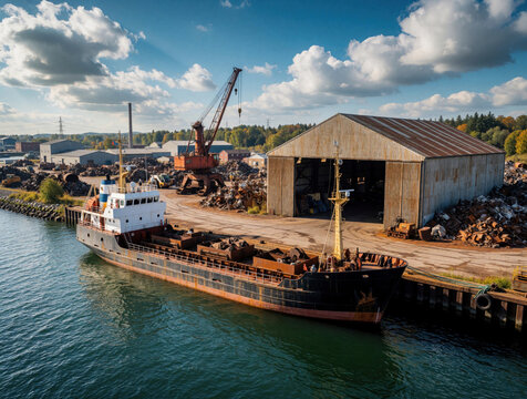 Cargo ship waits at industrial port with scrap metal piles and large warehouse. Crane ready for loading or unloading heavy machinery and materials.
