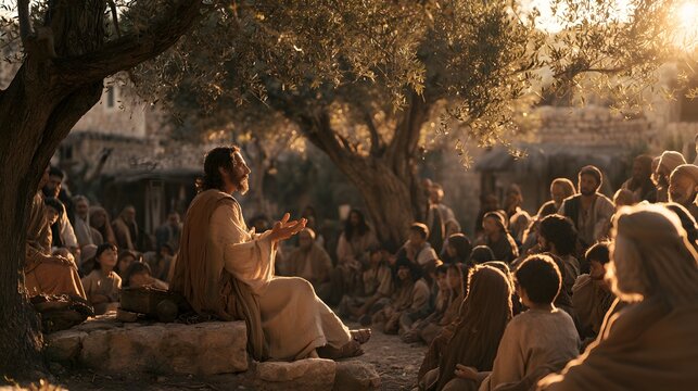 Biblical figure teaching a group of people under an olive tree at sunset