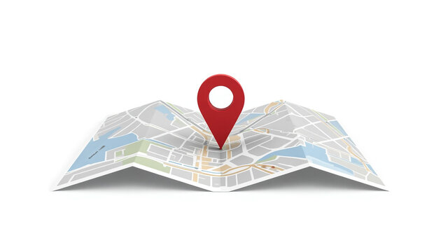 Red map pin marker on a folded paper city map for navigation and travel destination concept