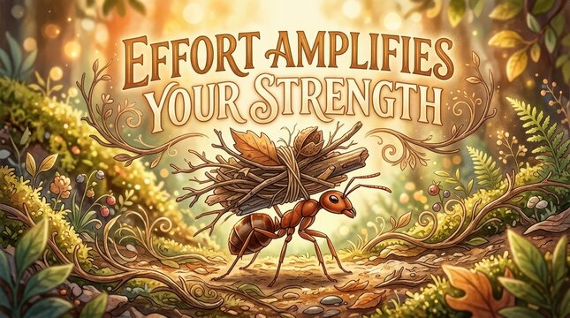 Inspiring illustration of an ant carrying a bundle of sticks with the text "Effort Amplifies Your Strength" in a forest setting