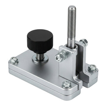 A high quality silver metal adjustable clamp device featuring a black plastic adjustment knob and a threaded vertical rod for industrial manufacturing applications