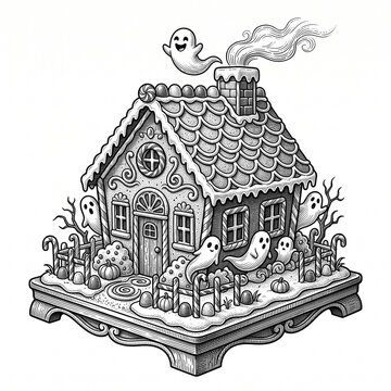 Vintage engraving illustration of a haunted gingerbread house with spooky ghosts and pumpkins for Halloween