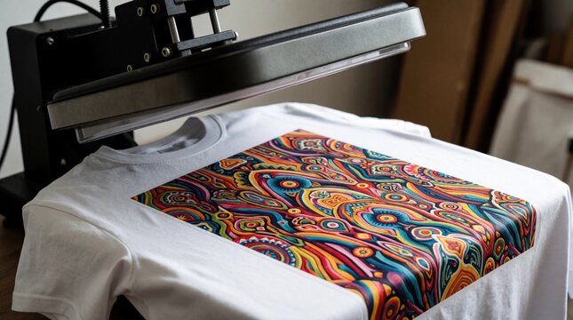 Heat press machine applies colorful graphic onto white t shirt. Custom apparel printing uses hot platen for heat transfer, creating personalized merchandise in workshop.