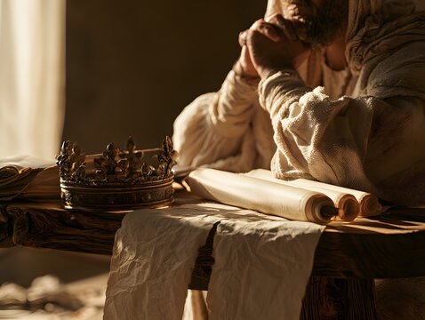 Pensive king in traditional robes with crown and scrolls on a wooden table