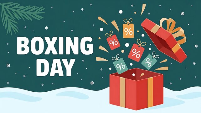 Boxing day sale with gift boxes and discount tags flying out of an open box
