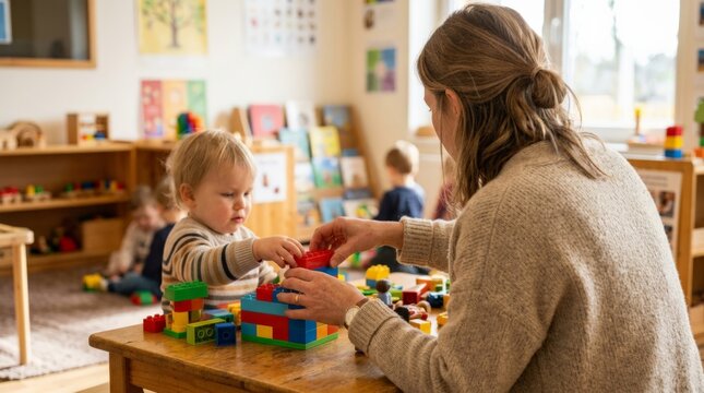 A toddler plays with building blocks at a wooden table inside a bright kindergarten classroom alongside an attentive teacher guiding the creative activity, underscoring the preschool