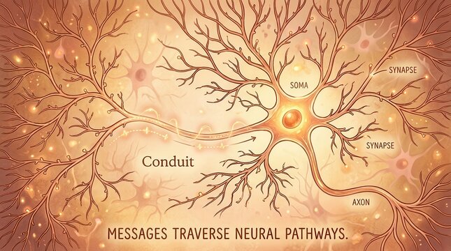 Illustration of a neuron with labeled parts: soma, axon, dendrites and synapses, showing neural pathways and signal transmission in the brain.