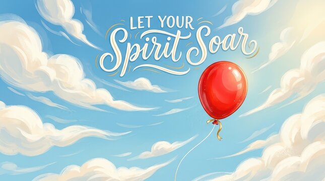 Inspiring illustration of a single red balloon floating in a bright blue sky with fluffy white clouds and the motivational phrase 'Let Your Spirit Soa