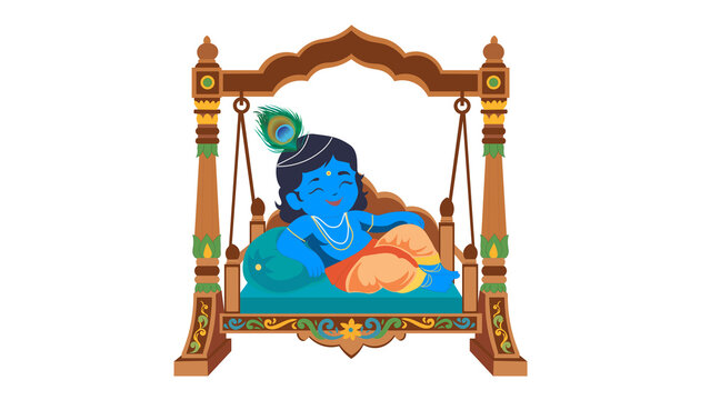 Traditional baby Lord Krishna sitting in a decorative swing, colorful Hindu religious illustration for Janmashtami festival, Indian culture, devotional artwork, vector clipart design.