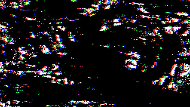 Glitch Effect: A distorted digital screen displays a chaotic pattern of static, color banding, and digital noise, creating a sense of technological disruption and abstract visual texture.