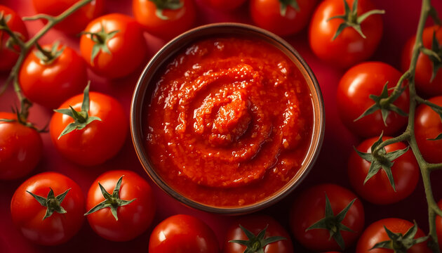 Bowl of fresh tomato sauce surrounded by ripe red tomatoes on a vine