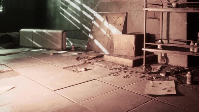 A room shows scattered papers and debris on the floor. A cart holds bottles. Light streams in through the window highlighting the mess. The setting appears abandoned with little maintenance.