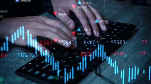 Hands Typing on Keyboard with Stock Market Financial Data, Algorithmic stock trading, Digital investment strategy Concept.
