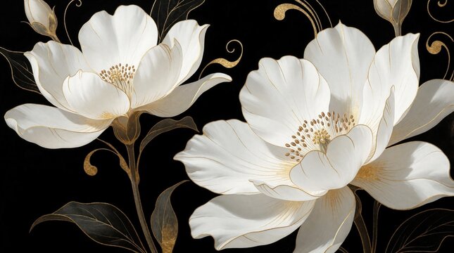 Elegant white floral illustration with gold lines on black background. Luxury botanical art features blooming flowers with metallic accents. Sophisticated nature design for premium branding, wedding