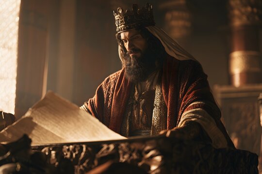 Bearded king in a red robe and crown examining an ancient document in a royal chamber
