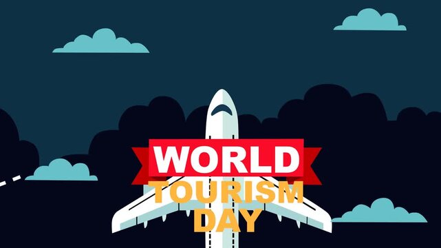 Dynamic animated travel concept featuring a large passenger airplane flying through a dark sky with clouds and a World Tourism Day message. Ideal for tourism campaigns, international travel promotions