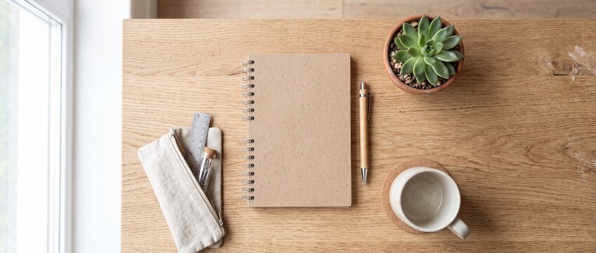 Minimalist spiral kraft paper notebook with wooden pen and small succulent on oak desk provides clean space for creative journaling