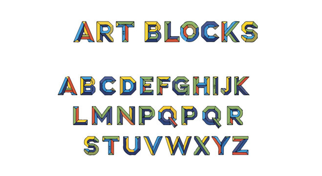 Geometric Art Blocks alphabet vector, colorful 3D isometric font set, creative block letter typography for posters