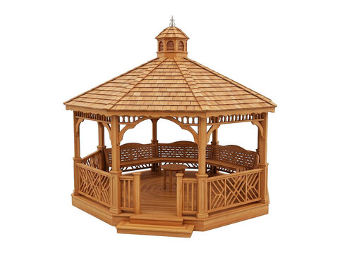 Large wooden gazebo with shingled roof, built-in benches, and lattice railings isolated on white background
