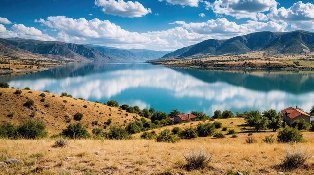 Wide panorama of Munzur river in Tunceli with blue water, mountains. Calm lake surface reflects white clouds, blue sky. Green trees, small houses sit on hills near water. Scenic landscape view for