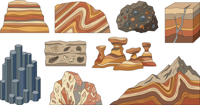 Geology and Earth Science Icon Set with Sedimentary Rock Strata Folded Layers Basalt Columns Fossils Fault Lines and Desert Hoodoos Vector Graphic Design
