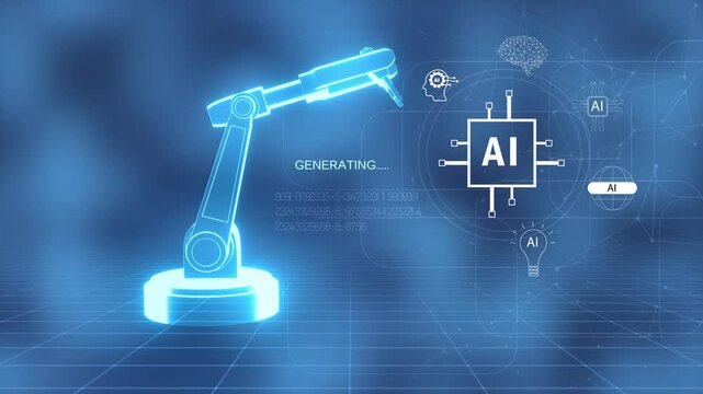 3D Glowing Robotic Arm with AI Microchip and Industrial Automation, Industry 4.0 smart manufacturing, AI powered robotics, Future digital engineering.