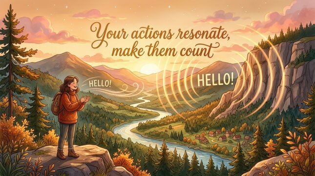 Inspiring landscape with a hiker shouting 'Hello' and echoing message symbolizing actions resonating and making an impact