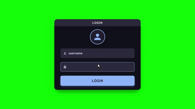 Animated Login Form Interface with User Input and Success Button on Green Screen