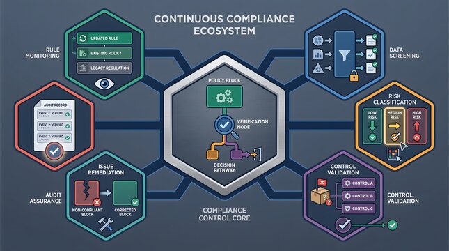 Continuous compliance ecosystem infographic with hexagonal icons and data security flow charts compliance ecosystem infographic security business