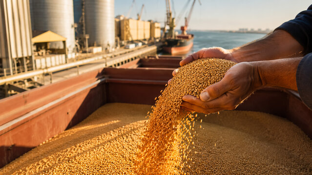 Worker holding golden wheat grains at a busy industrial port terminal for grain export.