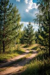 Naklejka premium Dirt road winds through green pine, birch forest under blue sky with clouds. Summer landscape features sunny pathway among young trees, tall grass. Scenic rural trail leads into wild woods for hiking