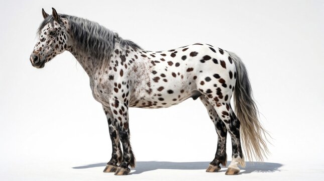 Appaloosa horse stands on white background. Spotted equine animal with grey mane, tail shows unique coat pattern. Elegant mare poses in studio for equestrian art. Beautiful domestic mammal with dark