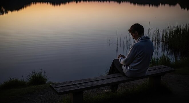 Man sitting on bench by lake during sunset.