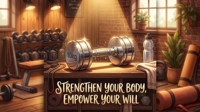 Home Gym Fitness Motivation: Dumbbell, Weight Rack, Yoga Mats, Water Bottle, and Inspiring Quote 'Strengthen Your Body, Empower Your Will'