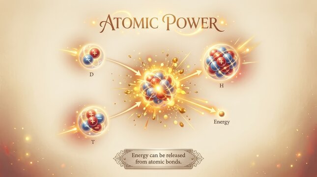 Illustration of atomic power generation, showing nuclear fusion reaction with energy release and atomic bonds