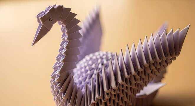 Close-up of an intricate purple modular origami swan.