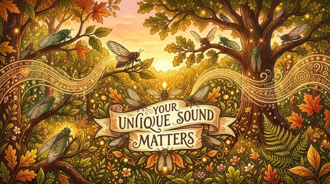 Enchanting forest scene with cicadas, butterflies, and musical notes symbolizing unique sound, autumn foliage, and nature's melody.