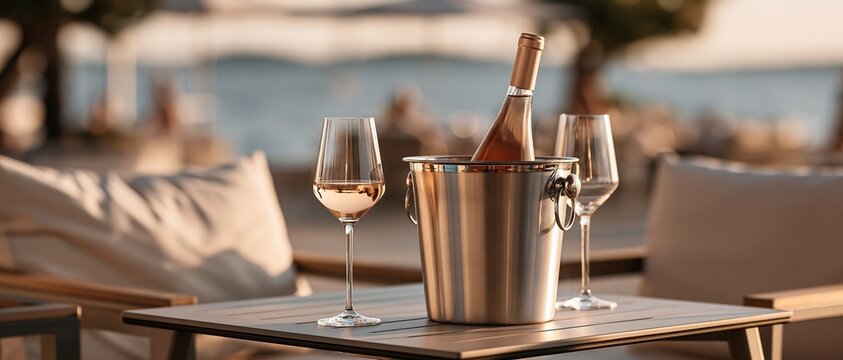 Sundrenched indulgence at a waterfront lounge chilled ros in a polished steel ice bucket beside crystal glasses evokes effortless summer luxury and social dining.