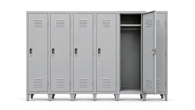 Row of grey metal lockers with one door open isolated on white background