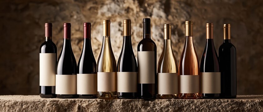 Sophisticated row of red, white, and ros wine bottles with blank labels on rustic stone, perfect for mockup, branding, winery marketing, and gourmet hospitality design projects.