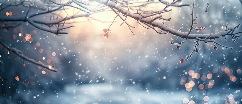 Soft winter background with frosty tree branches and falling snowflakes. Blurred snowy forest with bokeh lights, cold seasonal atmosphere, minimal nature scene and copy space.