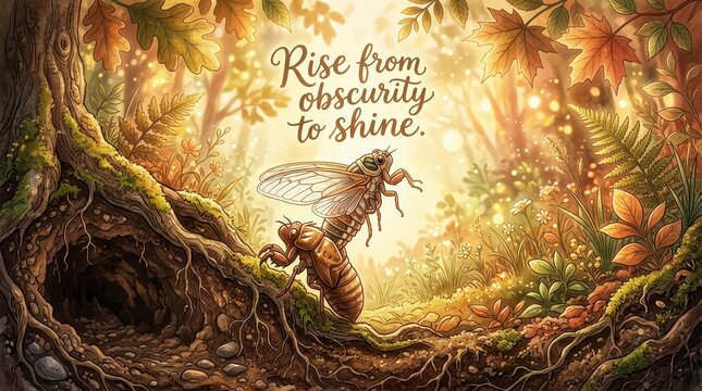 Enchanting forest scene with cicadas emerging from the earth, symbolizing growth and transformation in a magical, sun-dappled woodland setting.