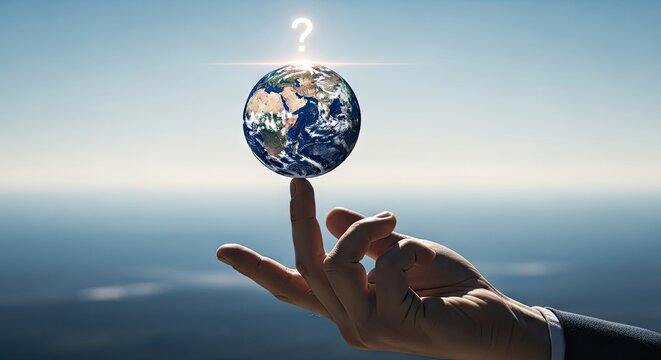 Hand balancing Earth globe with glowing question mark symbol.